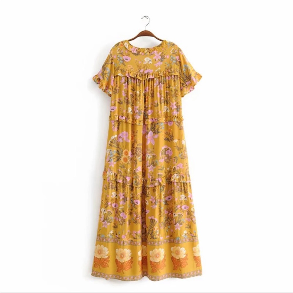 Boho 60s Floral Gypsy Print Maxi Dress Yellow - Picture 5 of 13